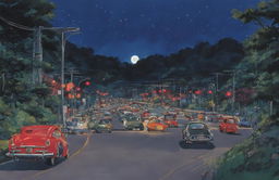 Nighttime Studio Ghibli scene with a full moon illuminating a busy highway filled with cars displaying glowing red tail lights