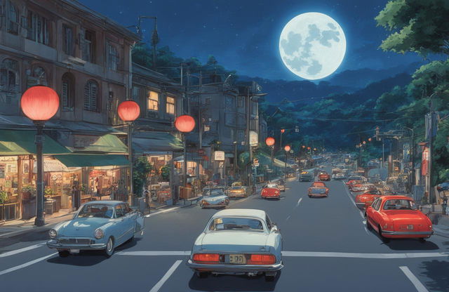 Nighttime Studio Ghibli scene with a full moon illuminating a busy highway filled with cars displaying glowing red tail lights