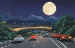 Nighttime Studio Ghibli scene with a full moon illuminating a busy highway filled with cars displaying glowing red tail lights