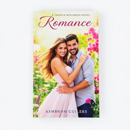 A captivating book cover for a romance novel, featuring a beautiful couple embracing in a lush, vibrant garden filled with blooming flowers
