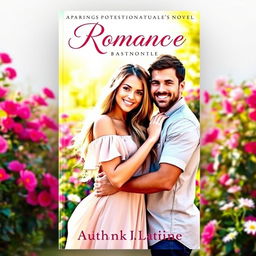 A captivating book cover for a romance novel, featuring a beautiful couple embracing in a lush, vibrant garden filled with blooming flowers