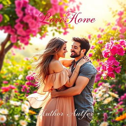 A captivating book cover for a romance novel, featuring a beautiful couple embracing in a lush, vibrant garden filled with blooming flowers