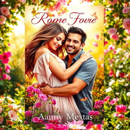 A captivating book cover for a romance novel, featuring a beautiful couple embracing in a lush, vibrant garden filled with blooming flowers