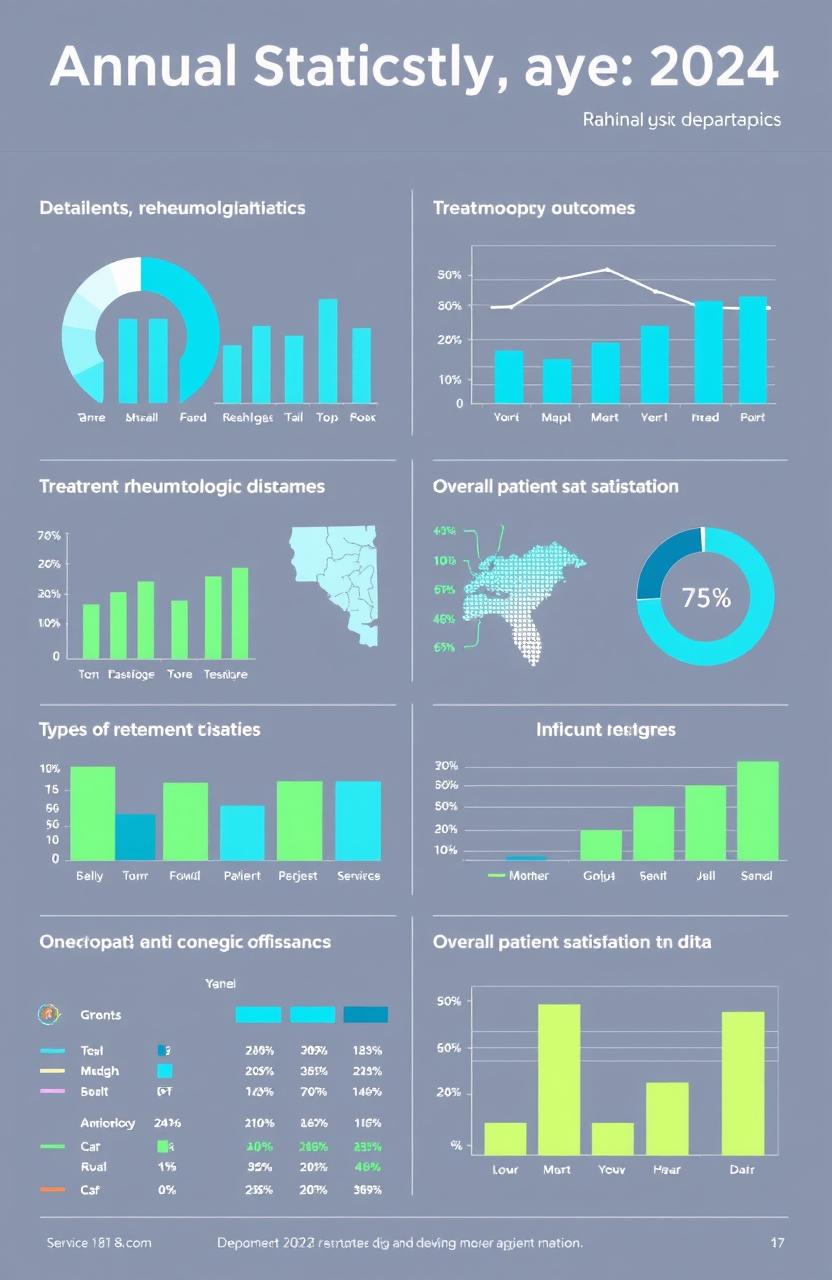 Annual statistics report for the rheumatology department 2024, showcasing detailed graphs and charts representing patient demographics, treatment outcomes, types of rheumatologic diseases treated, and overall patient satisfaction metrics