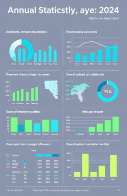 Annual statistics report for the rheumatology department 2024, showcasing detailed graphs and charts representing patient demographics, treatment outcomes, types of rheumatologic diseases treated, and overall patient satisfaction metrics