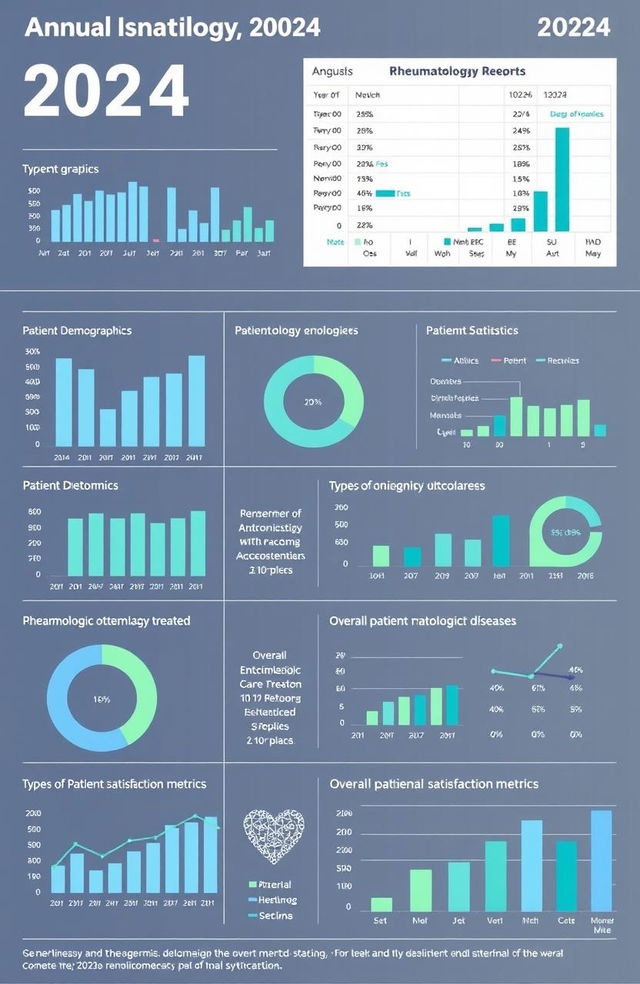 Annual statistics report for the rheumatology department 2024, showcasing detailed graphs and charts representing patient demographics, treatment outcomes, types of rheumatologic diseases treated, and overall patient satisfaction metrics