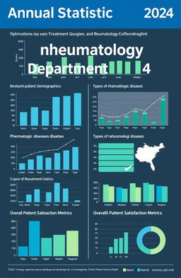 Annual statistics report for the rheumatology department 2024, showcasing detailed graphs and charts representing patient demographics, treatment outcomes, types of rheumatologic diseases treated, and overall patient satisfaction metrics