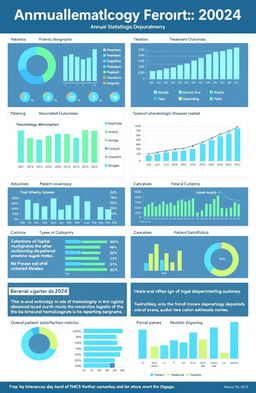 Annual statistics report for the rheumatology department 2024, showcasing detailed graphs and charts representing patient demographics, treatment outcomes, types of rheumatologic diseases treated, and overall patient satisfaction metrics