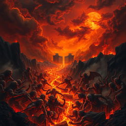 A dramatic and vivid depiction of Hell as described in the Bible, showcasing a fiery landscape filled with dark, swirling clouds and rivers of fire