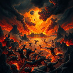A dramatic and vivid depiction of Hell as described in the Bible, showcasing a fiery landscape filled with dark, swirling clouds and rivers of fire