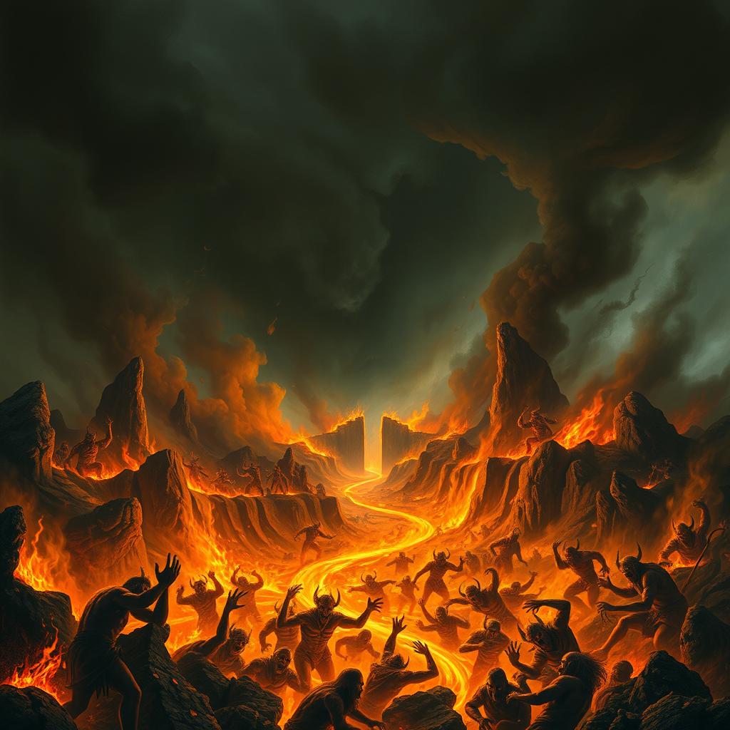 A dramatic and vivid depiction of Hell as described in the Bible, showcasing a fiery landscape filled with dark, swirling clouds and rivers of fire