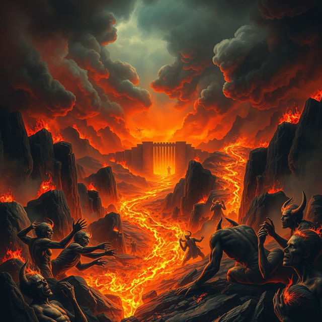 A dramatic and vivid depiction of Hell as described in the Bible, showcasing a fiery landscape filled with dark, swirling clouds and rivers of fire