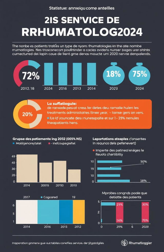 Statistiques annuelles du service de rhumatologie 2024, incluant les données sur le nombre de patients traités, les types de maladies rhumatologiques les plus fréquentes, les traitements administrés, l'évolution des cas au fil de l'année, et l'impact des nouvelles thérapies sur la santé des patients