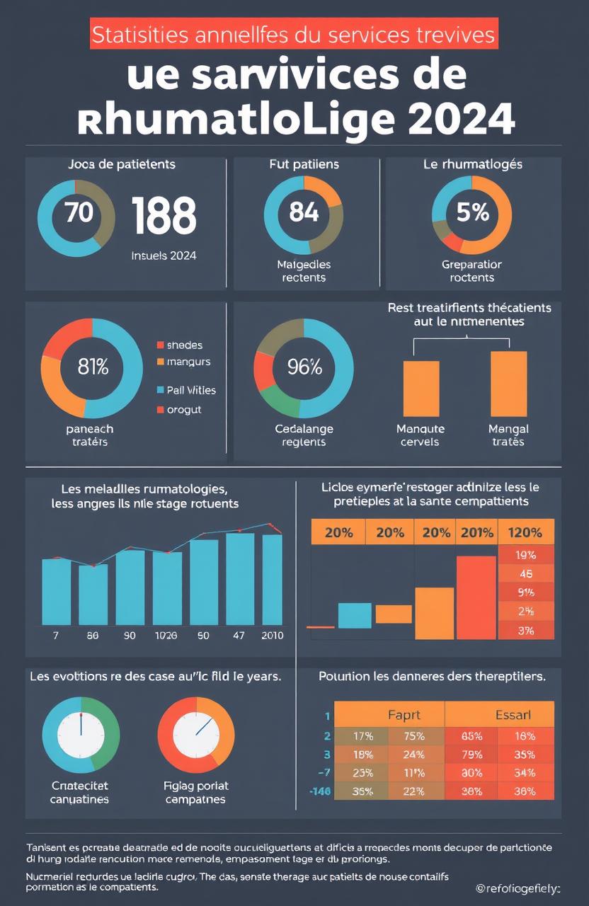 Statistiques annuelles du service de rhumatologie 2024, incluant les données sur le nombre de patients traités, les types de maladies rhumatologiques les plus fréquentes, les traitements administrés, l'évolution des cas au fil de l'année, et l'impact des nouvelles thérapies sur la santé des patients