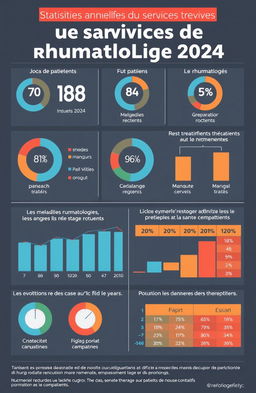 Statistiques annuelles du service de rhumatologie 2024, incluant les données sur le nombre de patients traités, les types de maladies rhumatologiques les plus fréquentes, les traitements administrés, l'évolution des cas au fil de l'année, et l'impact des nouvelles thérapies sur la santé des patients