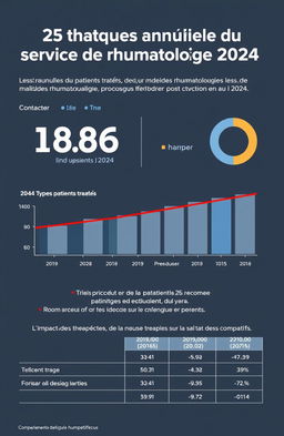 Statistiques annuelles du service de rhumatologie 2024, incluant les données sur le nombre de patients traités, les types de maladies rhumatologiques les plus fréquentes, les traitements administrés, l'évolution des cas au fil de l'année, et l'impact des nouvelles thérapies sur la santé des patients