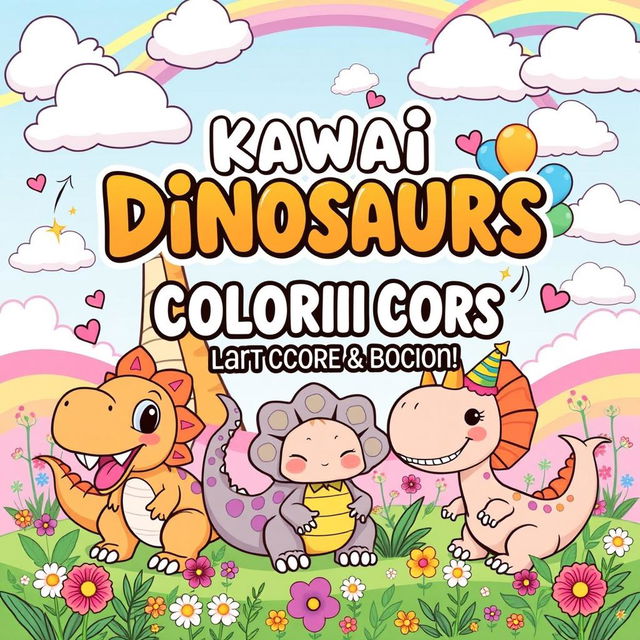 An engaging and whimsical cover design for a 'Kawaii Dinosaurs Coloring Book for Kids & Adults', featuring an array of adorable and chibi-style dinosaurs that appeal to all ages