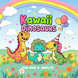 An engaging and whimsical cover design for a 'Kawaii Dinosaurs Coloring Book for Kids & Adults', featuring an array of adorable and chibi-style dinosaurs that appeal to all ages