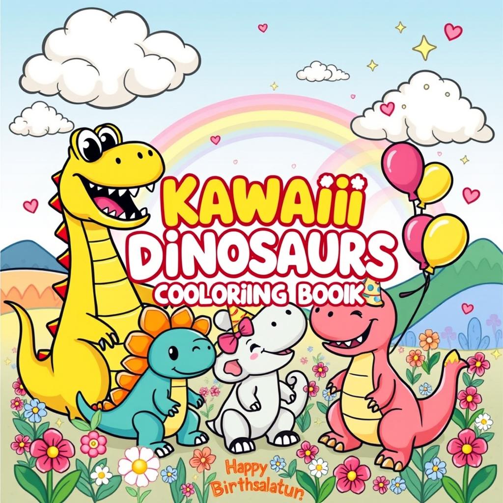 An engaging and whimsical cover design for a 'Kawaii Dinosaurs Coloring Book for Kids & Adults', featuring an array of adorable and chibi-style dinosaurs that appeal to all ages