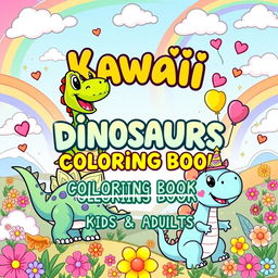 An engaging and whimsical cover design for a 'Kawaii Dinosaurs Coloring Book for Kids & Adults', featuring an array of adorable and chibi-style dinosaurs that appeal to all ages