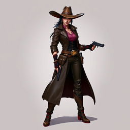 A striking female character named Ssara embodies a bold and functional cowgirl-inspired outfit with a Yuan-ti twist