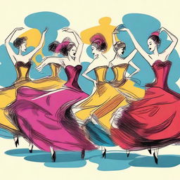 An artistic drawing of a vibrant can-can dance in mid-performance.