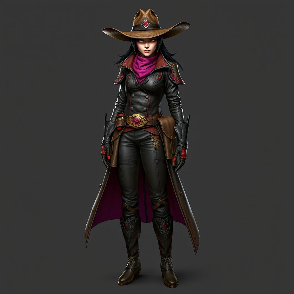 A striking female character named Ssara embodies a bold and functional cowgirl-inspired outfit with a Yuan-ti twist