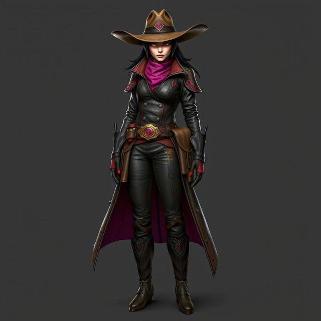 A striking female character named Ssara embodies a bold and functional cowgirl-inspired outfit with a Yuan-ti twist