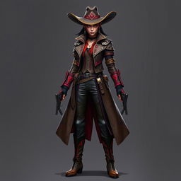 A striking female character named Ssara embodies a bold and functional cowgirl-inspired outfit with a Yuan-ti twist