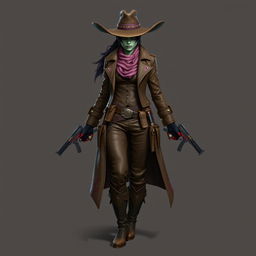 A striking female character named Ssara embodies a bold and functional cowgirl-inspired outfit with a Yuan-ti twist
