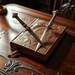 An antique, valuable book resting on a desk, pierced through by two unusually designed long and narrow daggers