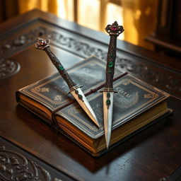 An antique, valuable book resting on a desk, pierced through by two unusually designed long and narrow daggers
