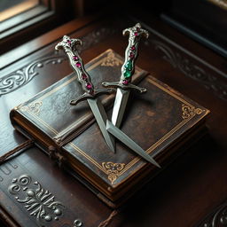 An antique, valuable book resting on a desk, pierced through by two unusually designed long and narrow daggers