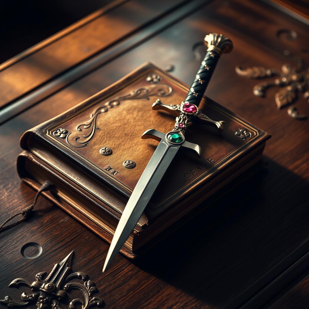 An antique, valuable book resting on a desk, pierced through by two unusually designed long and narrow daggers