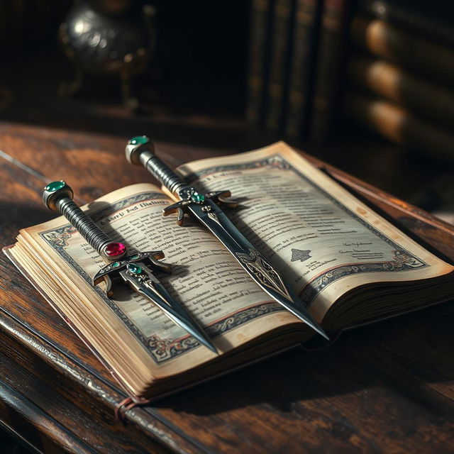 On a wooden desk, there is a precious and ancient book with intricate binding, showing signs of age and wisdom