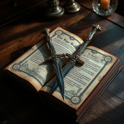 On a wooden desk, there is a precious and ancient book with intricate binding, showing signs of age and wisdom