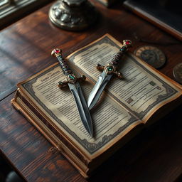 On a wooden desk, there is a precious and ancient book with intricate binding, showing signs of age and wisdom