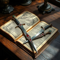 On a wooden desk, there is a precious and ancient book with intricate binding, showing signs of age and wisdom