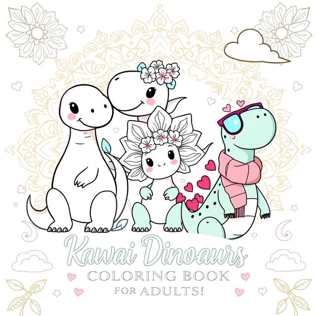 An elegant and whimsical cover design for a 'Kawaii Dinosaurs Coloring Book for Adults', featuring a collection of charming, intricately designed kawaii dinosaurs in various playful poses