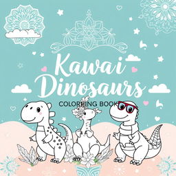 An elegant and whimsical cover design for a 'Kawaii Dinosaurs Coloring Book for Adults', featuring a collection of charming, intricately designed kawaii dinosaurs in various playful poses