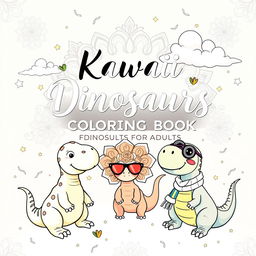 An elegant and whimsical cover design for a 'Kawaii Dinosaurs Coloring Book for Adults', featuring a collection of charming, intricately designed kawaii dinosaurs in various playful poses