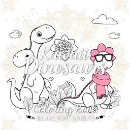 An elegant and whimsical cover design for a 'Kawaii Dinosaurs Coloring Book for Adults', featuring a collection of charming, intricately designed kawaii dinosaurs in various playful poses