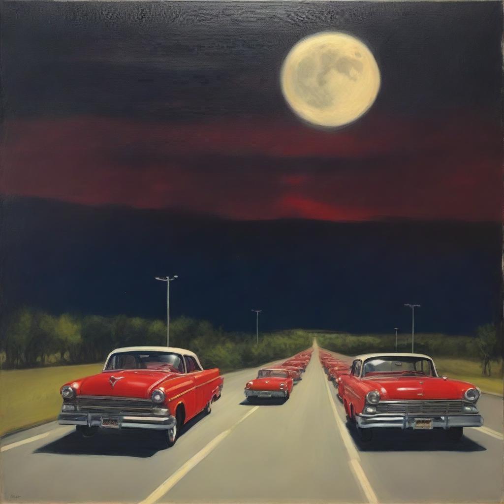 An oil painting showcasing a nighttime scene, with red taillights of cars lined up on a highway leading towards an unknown destination and a massive full moon illuminating the scene