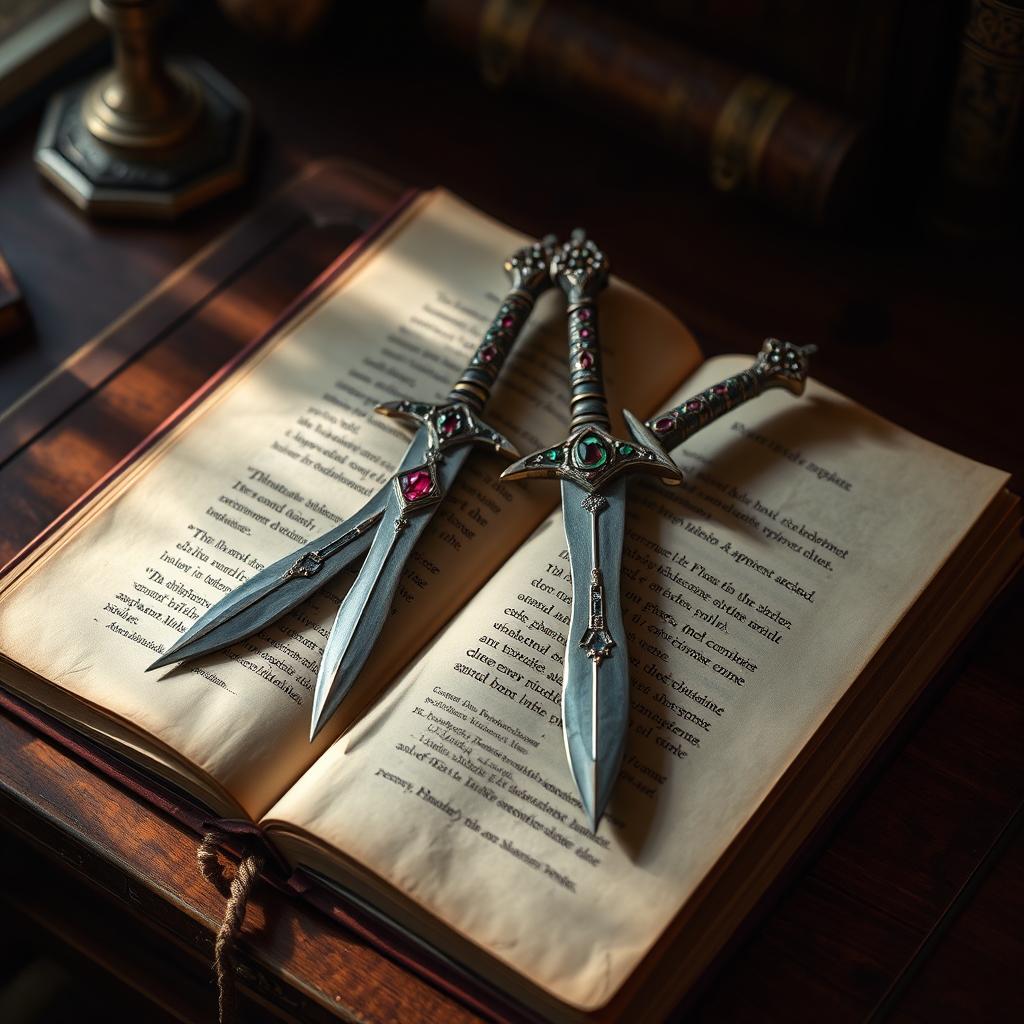 A precious and ancient book lying open on a dimly lit desk, with two long and narrow daggers of unusual shape elegantly placed within its pages