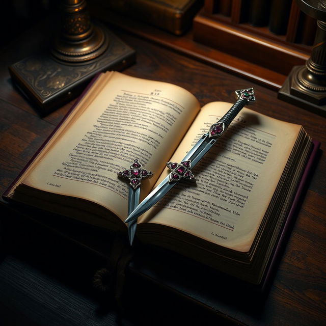 A precious and ancient book lying open on a dimly lit desk, with two long and narrow daggers of unusual shape elegantly placed within its pages