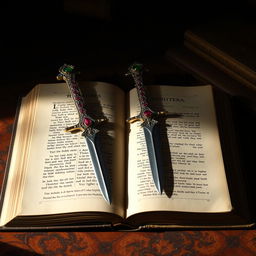 A precious and ancient book lying open on a dimly lit desk, with two long and narrow daggers of unusual shape elegantly placed within its pages
