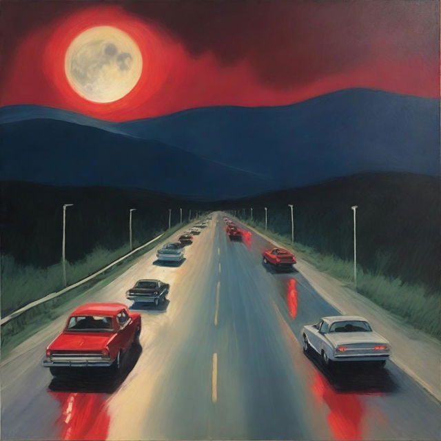 An oil painting showcasing a nighttime scene, with red taillights of cars lined up on a highway leading towards an unknown destination and a massive full moon illuminating the scene