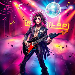 An imaginative and abstract interpretation of the concept inspired by the iconic glam rock aesthetic of the 1970s, featuring vibrant colors, sequins, and electric guitars