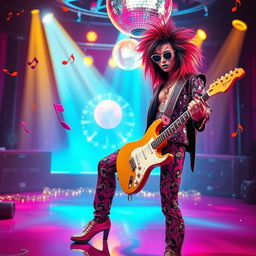 An imaginative and abstract interpretation of the concept inspired by the iconic glam rock aesthetic of the 1970s, featuring vibrant colors, sequins, and electric guitars