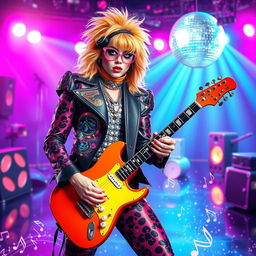 An imaginative and abstract interpretation of the concept inspired by the iconic glam rock aesthetic of the 1970s, featuring vibrant colors, sequins, and electric guitars